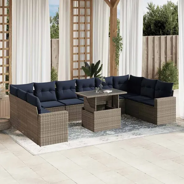 Ensemble de canapé de jardin 11 pcs avec coussins gris résine tressée