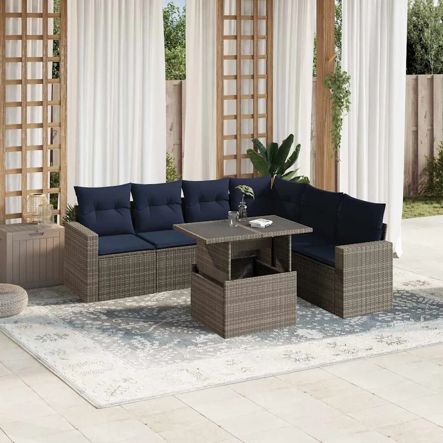 Ensemble de canapé de jardin 7 pcs avec coussins gris résine tressée