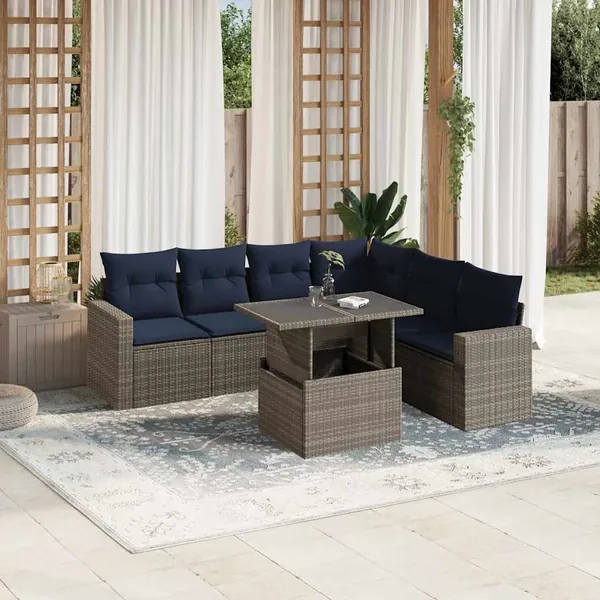 Ensemble de canapé de jardin 7 pcs avec coussins gris résine tressée
