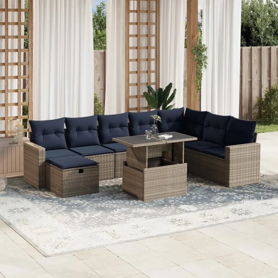 Ensemble de canapé de jardin 9 pcs avec coussins gris résine tressée