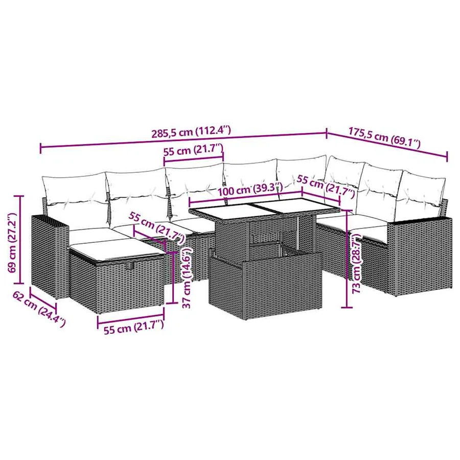 Ensemble de canapé de jardin 9 pcs avec coussins gris résine tressée - 12