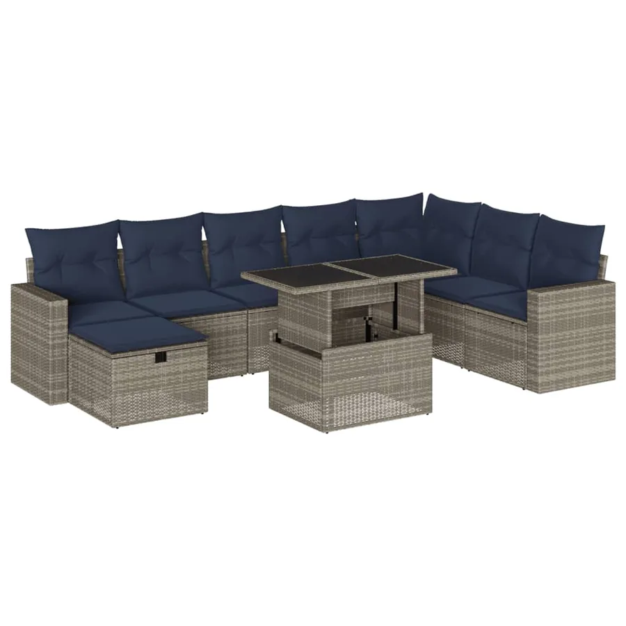 Ensemble de canapé de jardin 9 pcs avec coussins gris résine tressée - 2