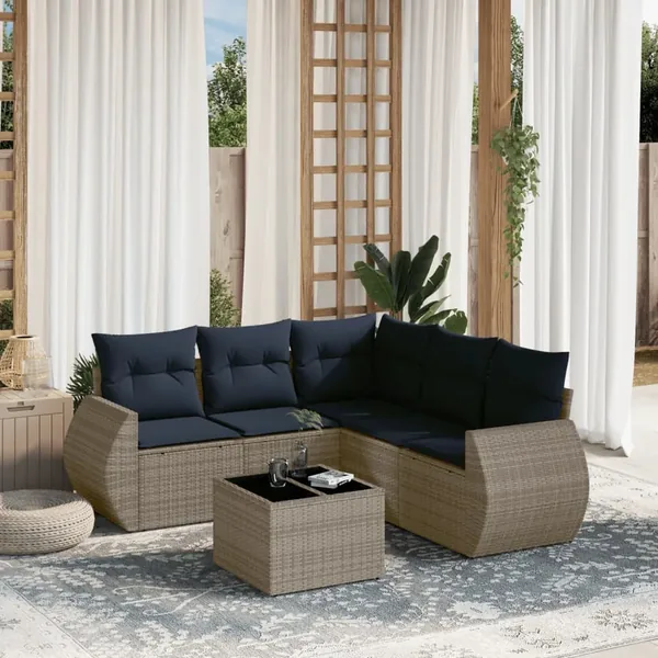 Ensemble de canapé de jardin 6 pcs avec coussins gris résine tressée