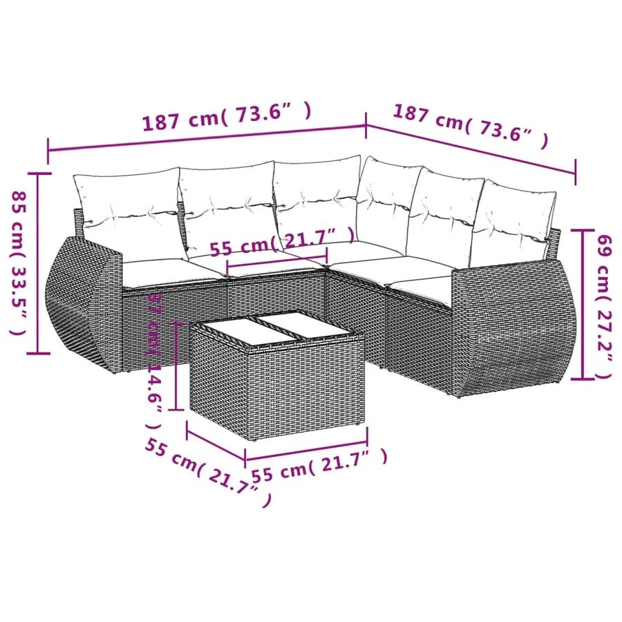 Ensemble de canapé de jardin 6 pcs avec coussins gris résine tressée - 8