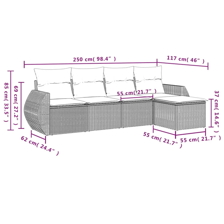 Ensemble de canapé de jardin 5 pcs avec coussins gris résine tressée - 7