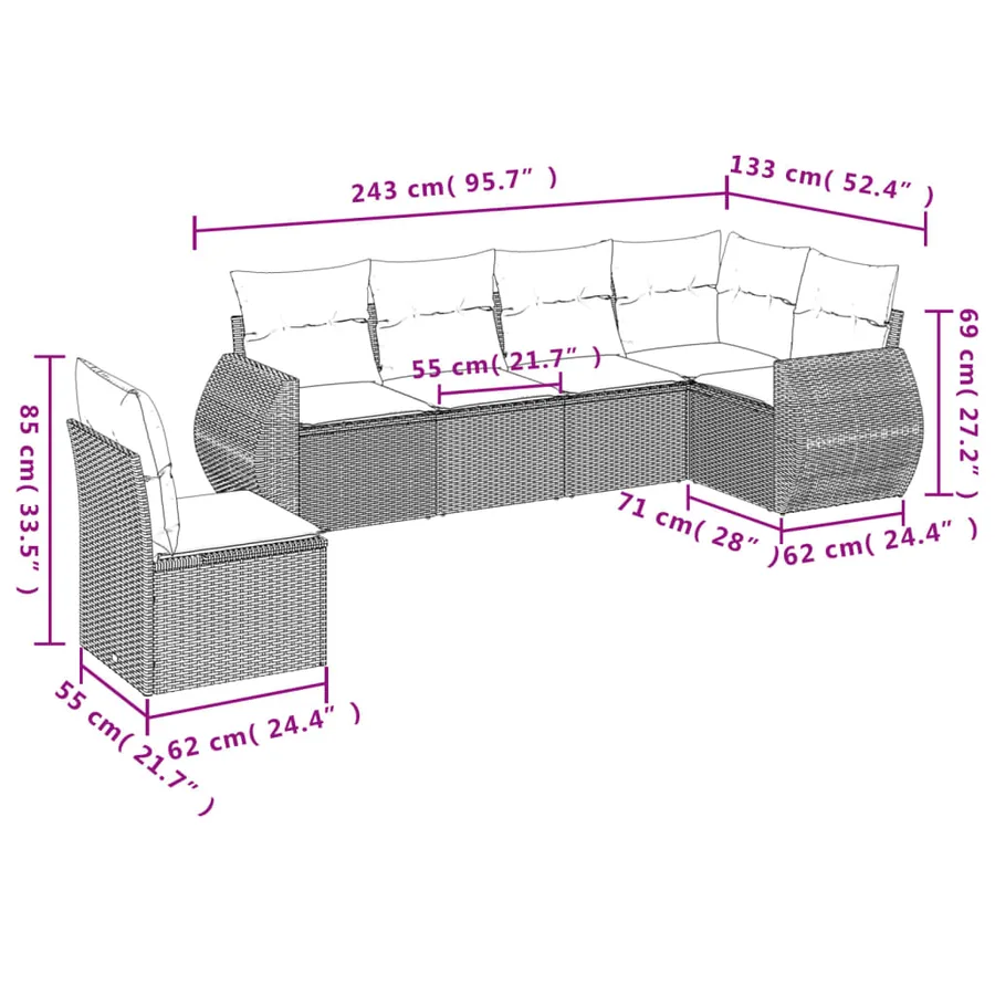Ensemble de canapé de jardin 6 pcs avec coussins gris résine tressée - 7