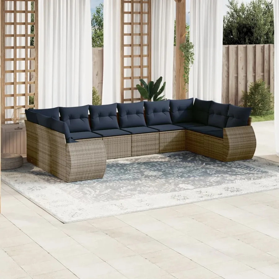 Ensemble de canapé de jardin 10 pcs avec coussins gris résine tressée