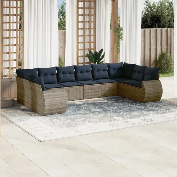 Ensemble de canapé de jardin 10 pcs avec coussins gris résine tressée