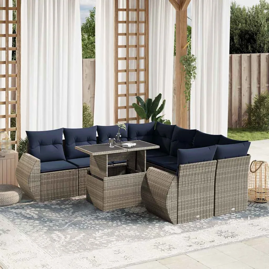 Ensemble de canapé de jardin 9 pcs avec coussins gris résine tressée