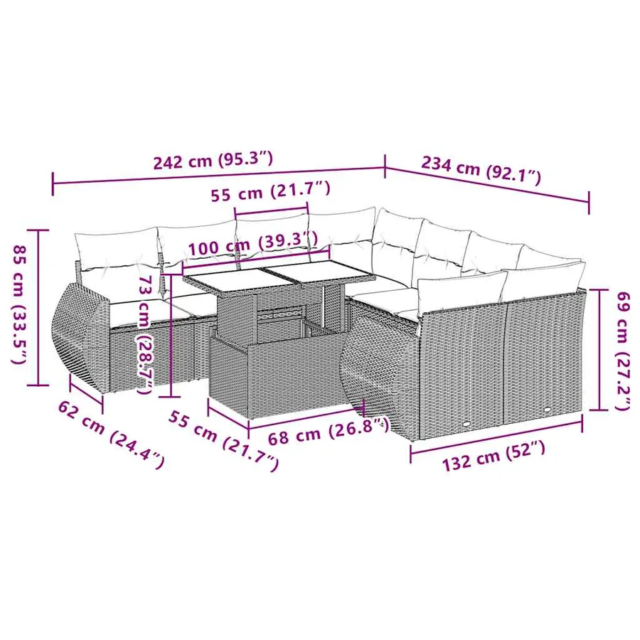 Ensemble de canapé de jardin 9 pcs avec coussins gris résine tressée - 10