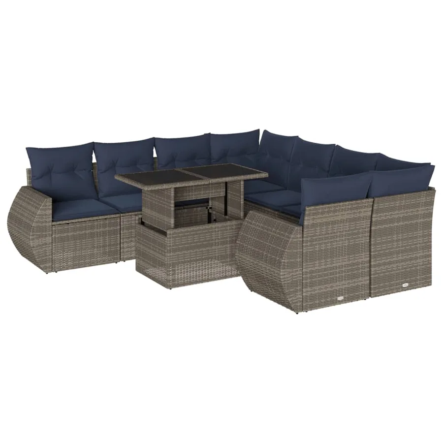 Ensemble de canapé de jardin 9 pcs avec coussins gris résine tressée - 2
