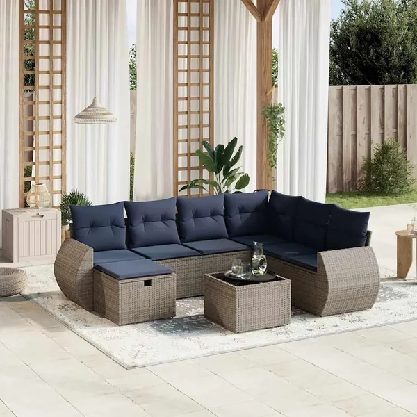 Ensemble de canapé de jardin 8 pcs avec coussins gris résine tressée