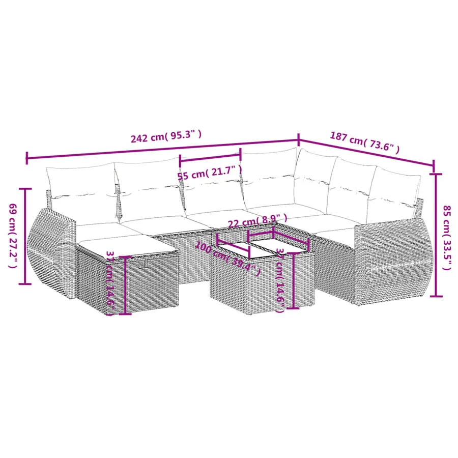 Ensemble de canapé de jardin 8 pcs avec coussins gris résine tressée - 4