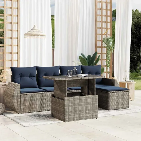 Ensemble de canapé de jardin 6 pcs avec coussins gris résine tressée