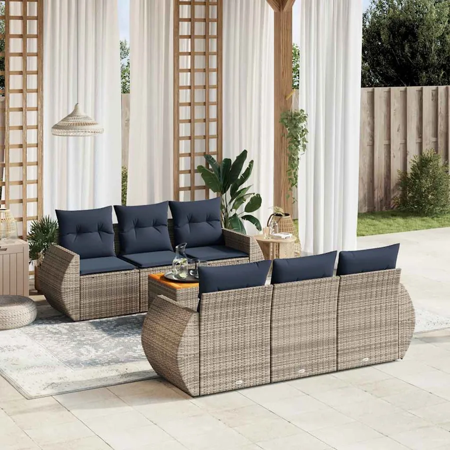 Ensemble de canapé de jardin 7 pcs avec coussins gris résine tressée