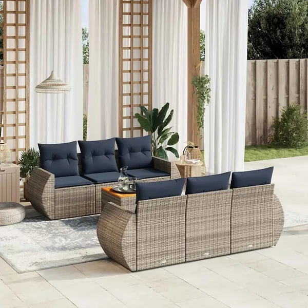 Ensemble de canapé de jardin 7 pcs avec coussins gris résine tressée