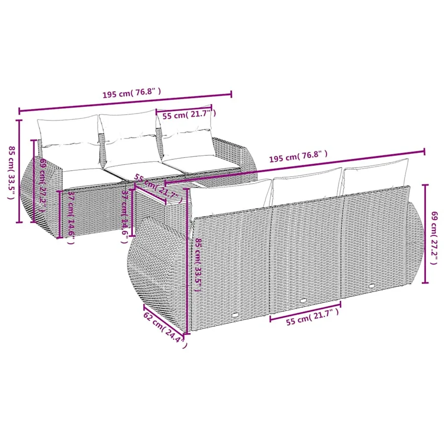 Ensemble de canapé de jardin 7 pcs avec coussins gris résine tressée - 8