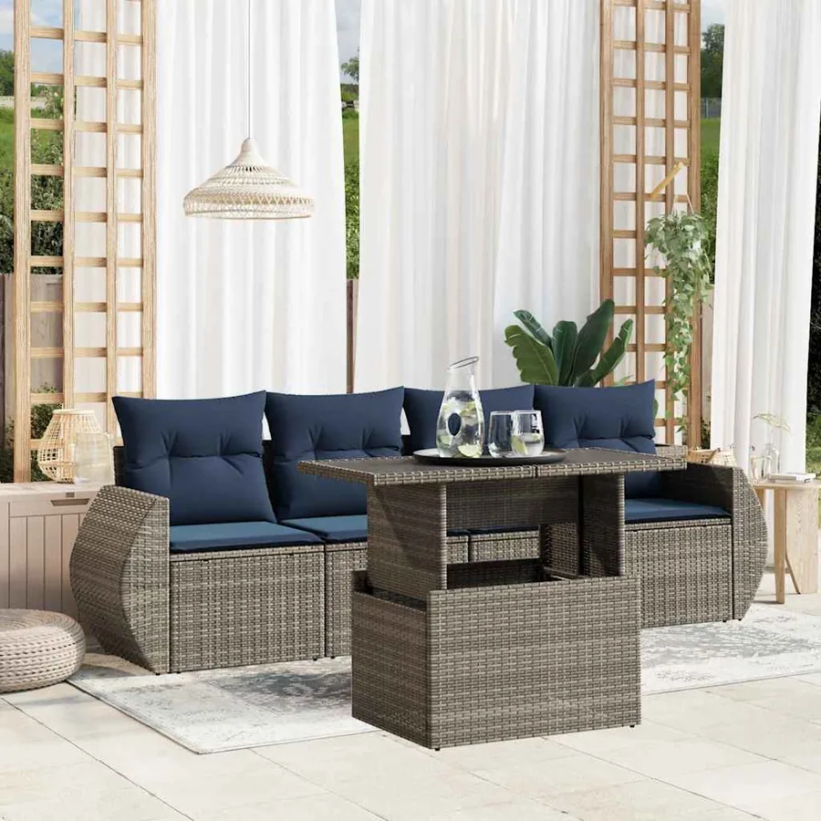 Ensemble de canapé de jardin 5 pcs avec coussins gris résine tressée