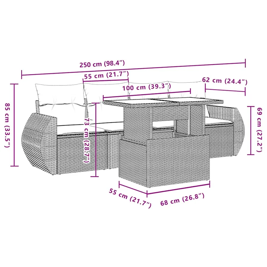 Ensemble de canapé de jardin 5 pcs avec coussins gris résine tressée - 9