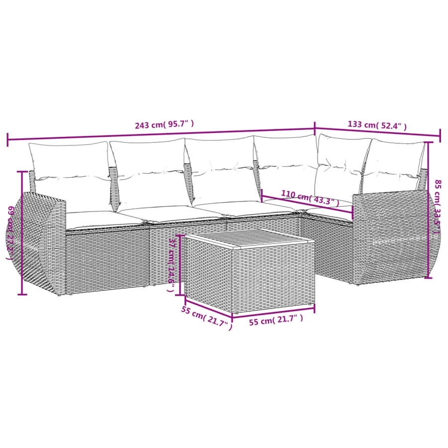 Ensemble de canapé de jardin 6 pcs avec coussins gris résine tressée - 8