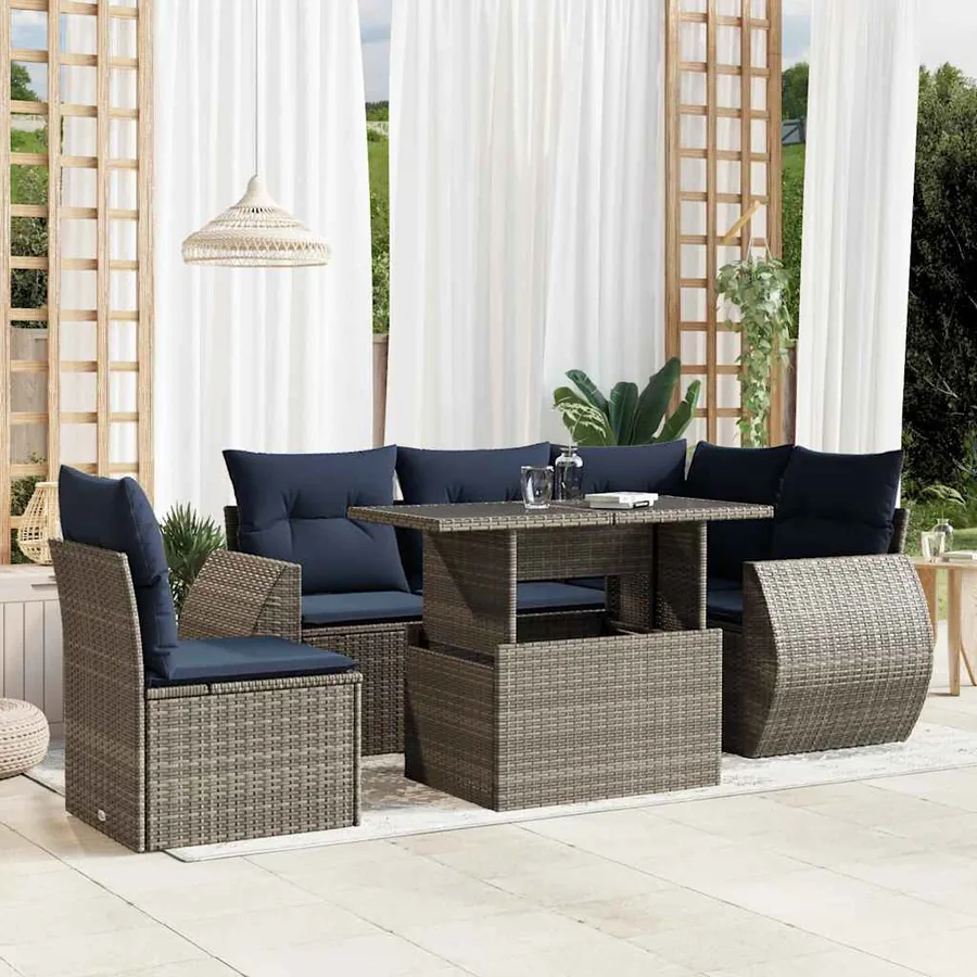 Ensemble de canapé de jardin 6 pcs avec coussins gris résine tressée