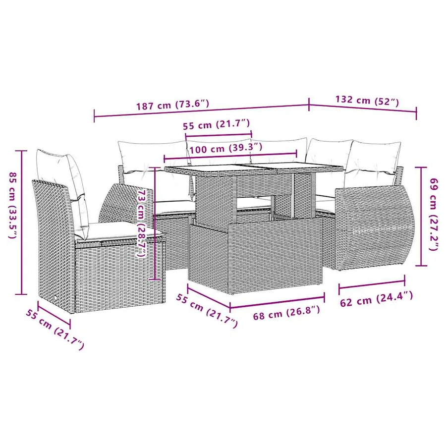 Ensemble de canapé de jardin 6 pcs avec coussins gris résine tressée - 10