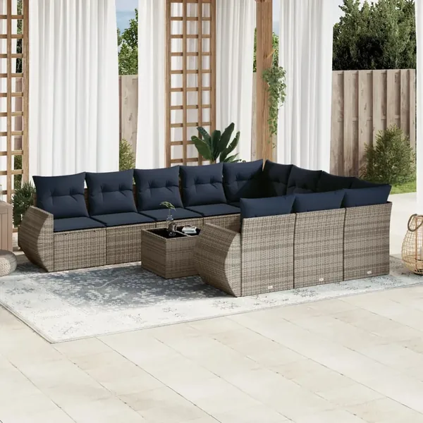 Ensemble de canapé de jardin 11 pcs avec coussins gris résine tressée