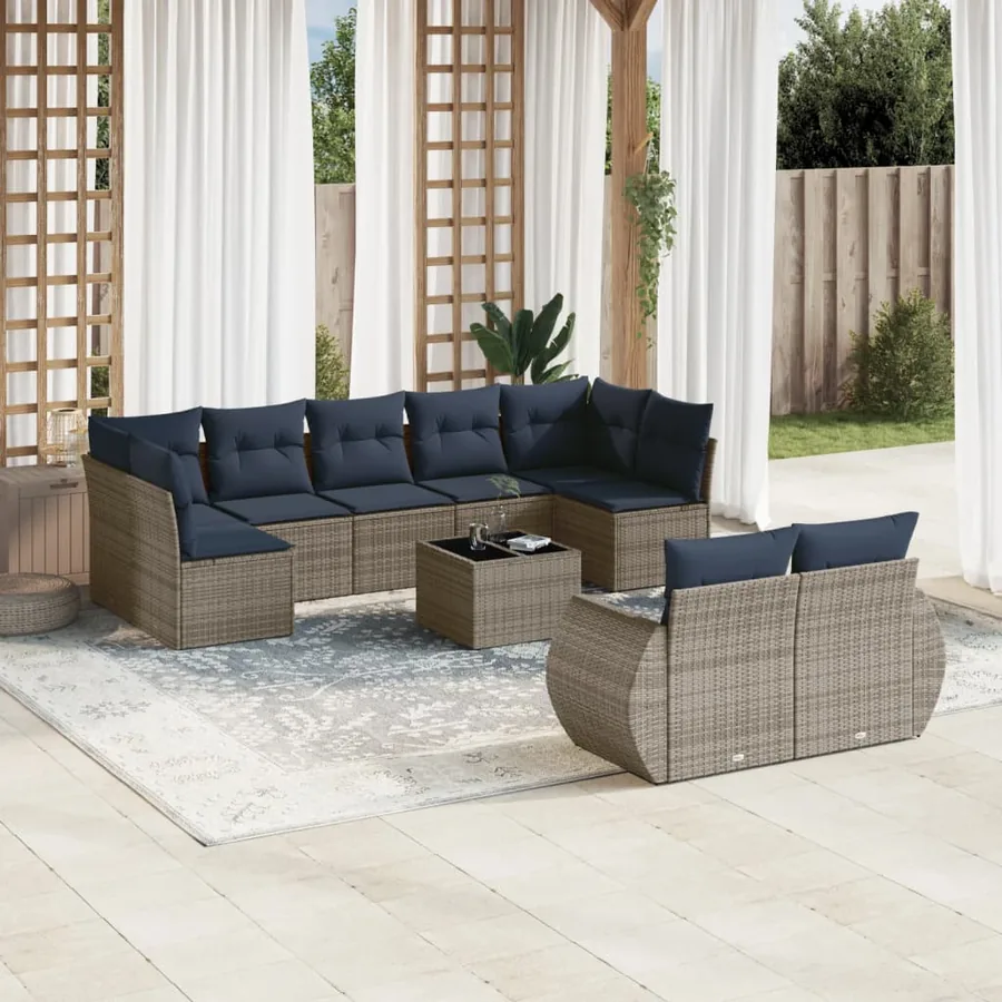 Ensemble de canapé de jardin 10 pcs avec coussins gris résine tressée