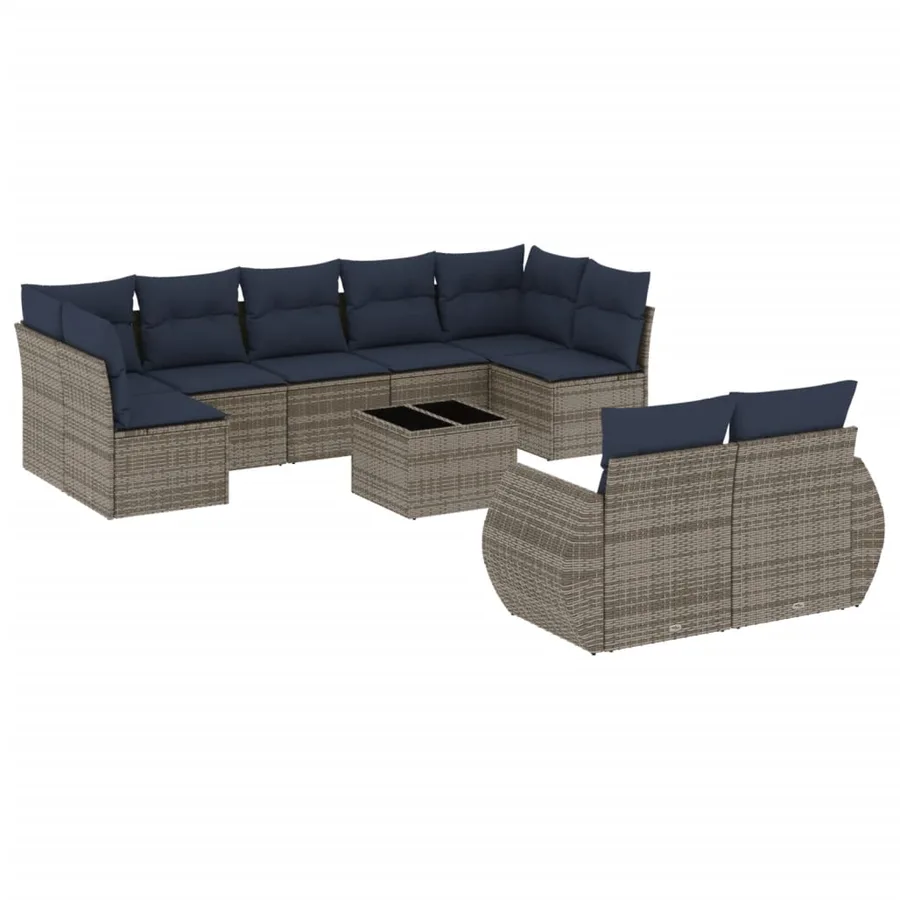Ensemble de canapé de jardin 10 pcs avec coussins gris résine tressée - 2