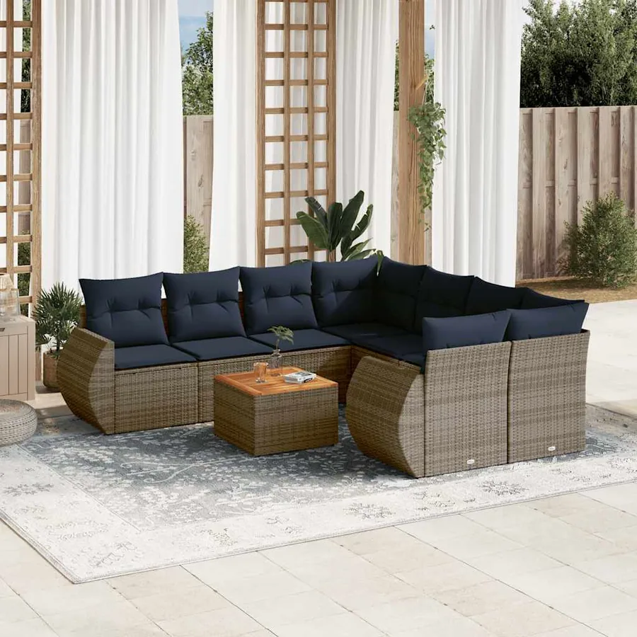 Ensemble de canapé de jardin 9 pcs avec coussins gris résine tressée