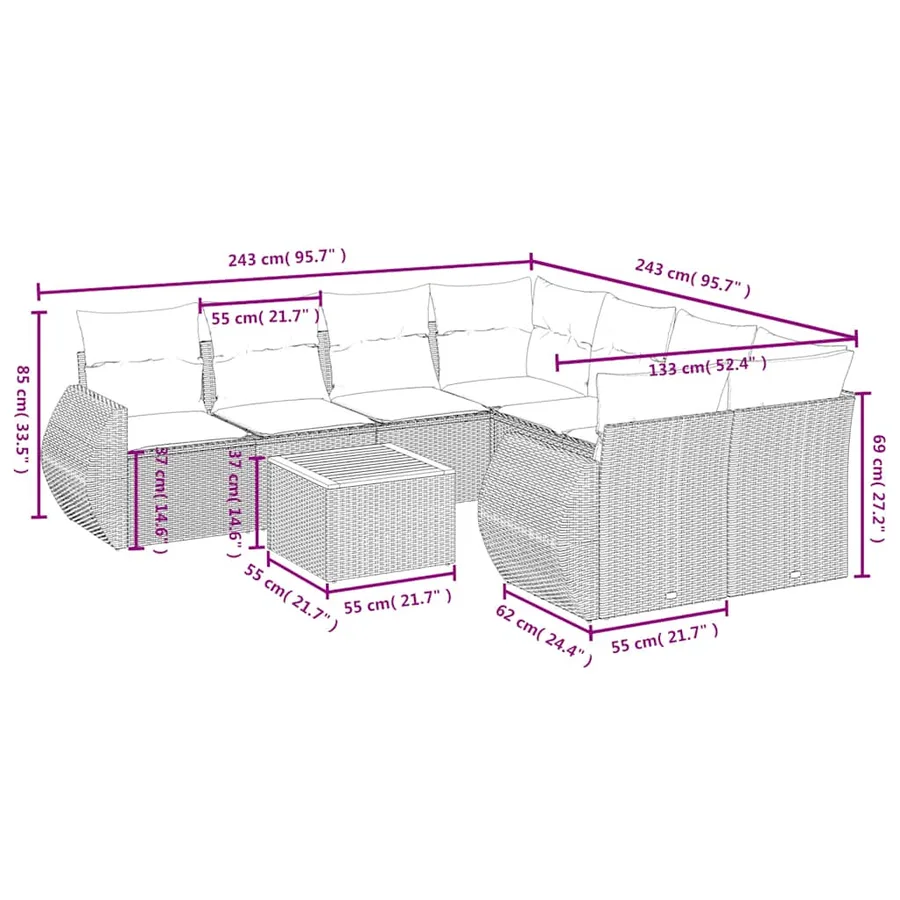 Ensemble de canapé de jardin 9 pcs avec coussins gris résine tressée - 8
