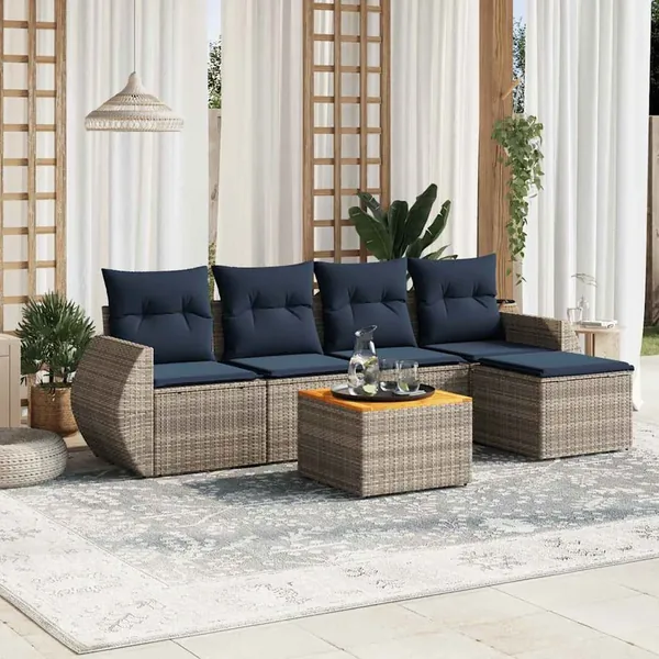 Ensemble de canapé de jardin 6 pcs avec coussins gris résine tressée