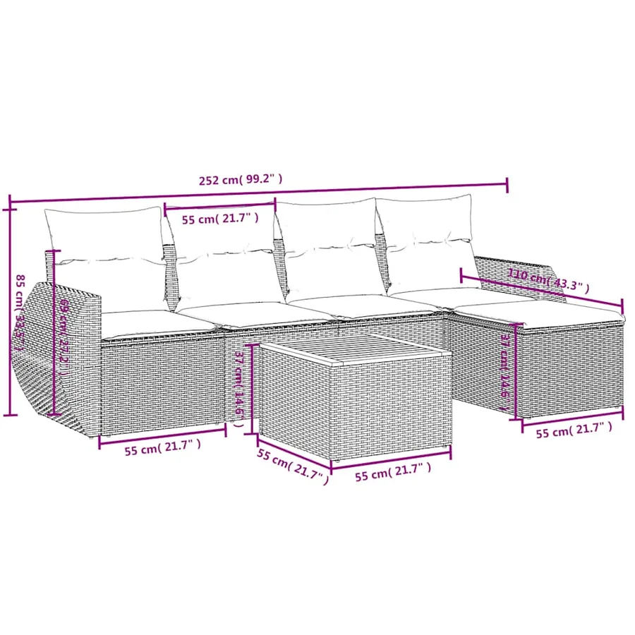 Ensemble de canapé de jardin 6 pcs avec coussins gris résine tressée - 8