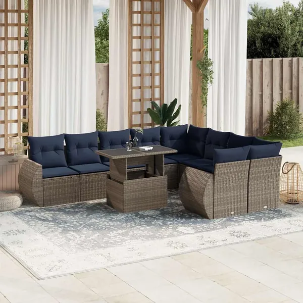 Ensemble de canapé de jardin 10 pcs avec coussins gris résine tressée