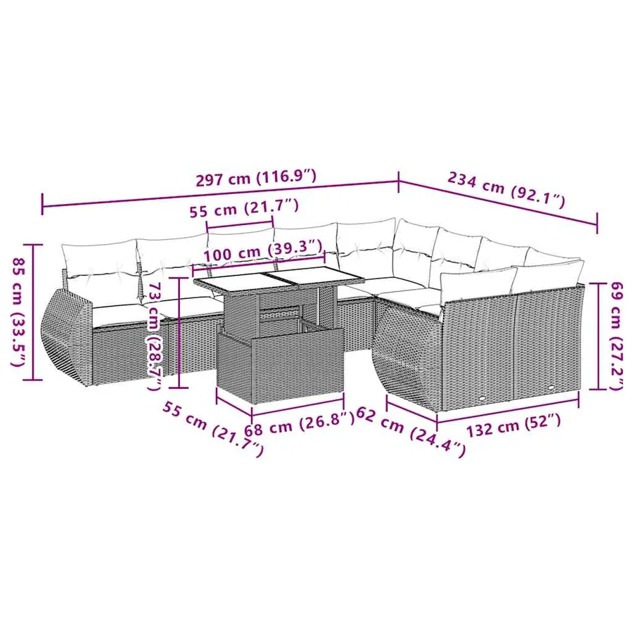 Ensemble de canapé de jardin 10 pcs avec coussins gris résine tressée - 10