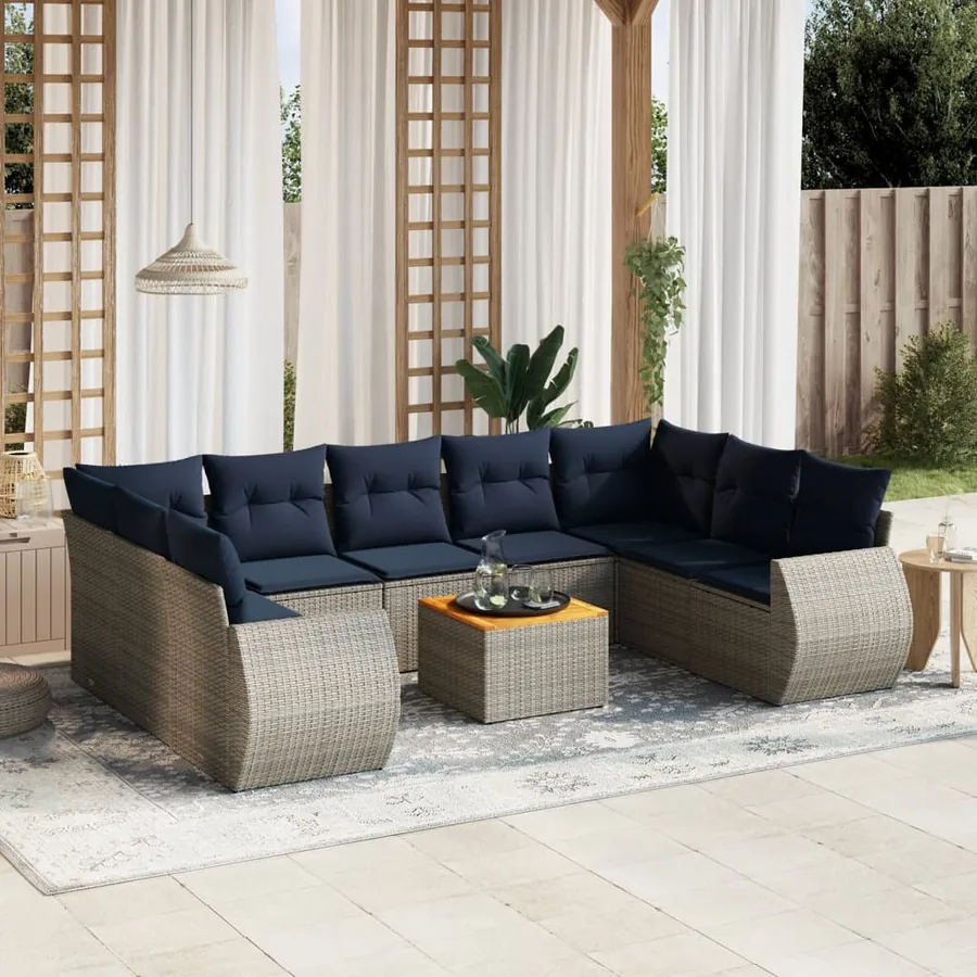 Ensemble de canapé de jardin 10 pcs avec coussins gris résine tressée