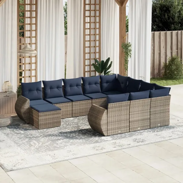 Ensemble de canapé de jardin 11 pcs avec coussins gris résine tressée