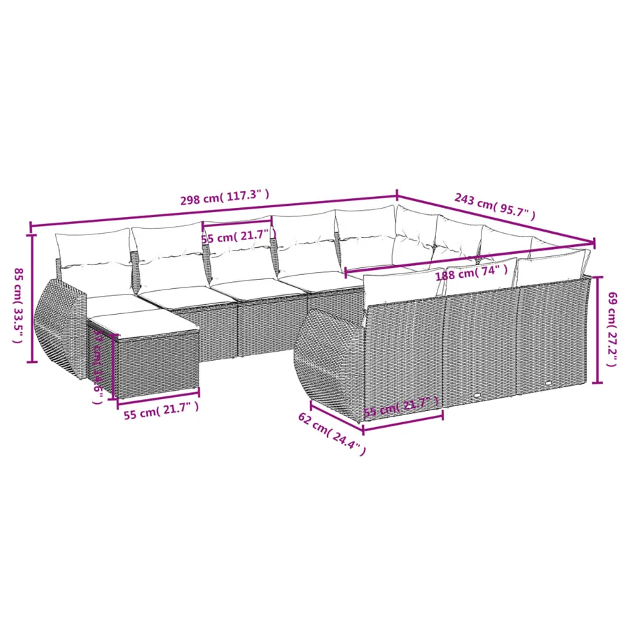 Ensemble de canapé de jardin 11 pcs avec coussins gris résine tressée - 8