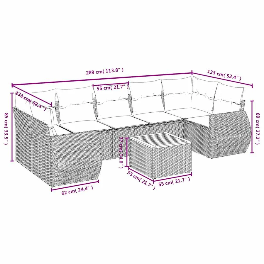 Ensemble de canapé de jardin 8 pcs avec coussins gris résine tressée - 8