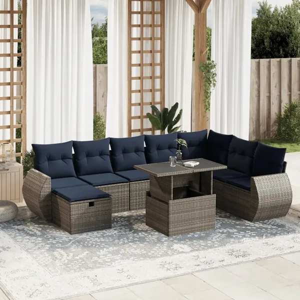 Ensemble de canapé de jardin 9 pcs avec coussins gris résine tressée