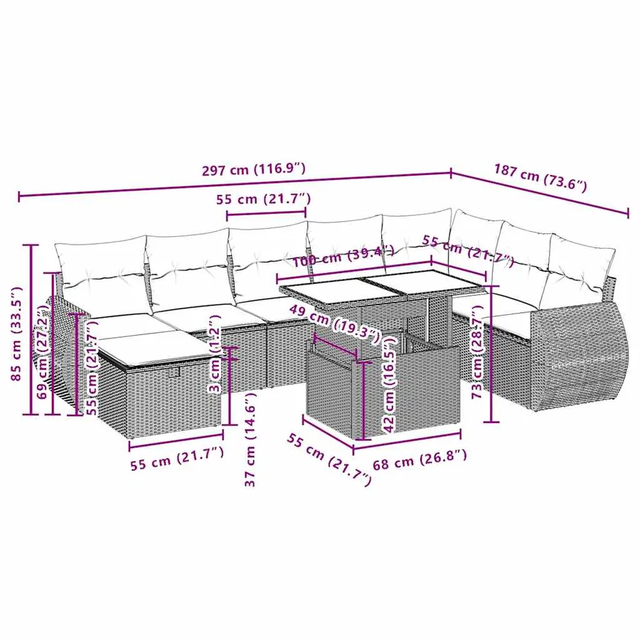 Ensemble de canapé de jardin 9 pcs avec coussins gris résine tressée - 13