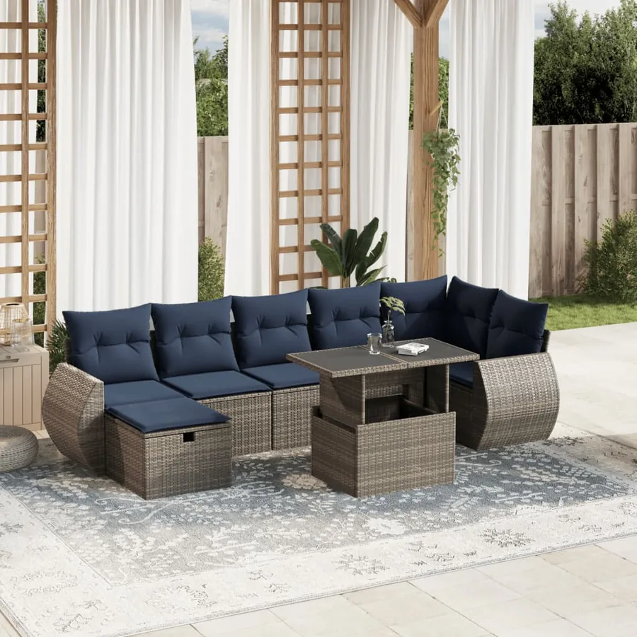 Ensemble de canapé de jardin 8 pcs avec coussins gris résine tressée