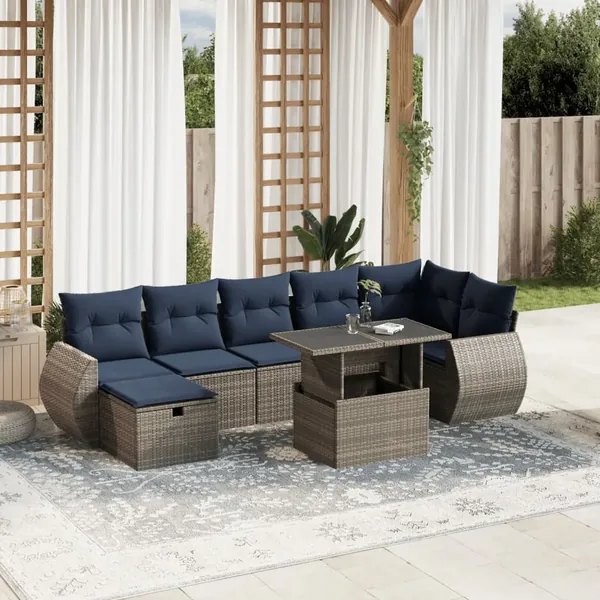 Ensemble de canapé de jardin 8 pcs avec coussins gris résine tressée