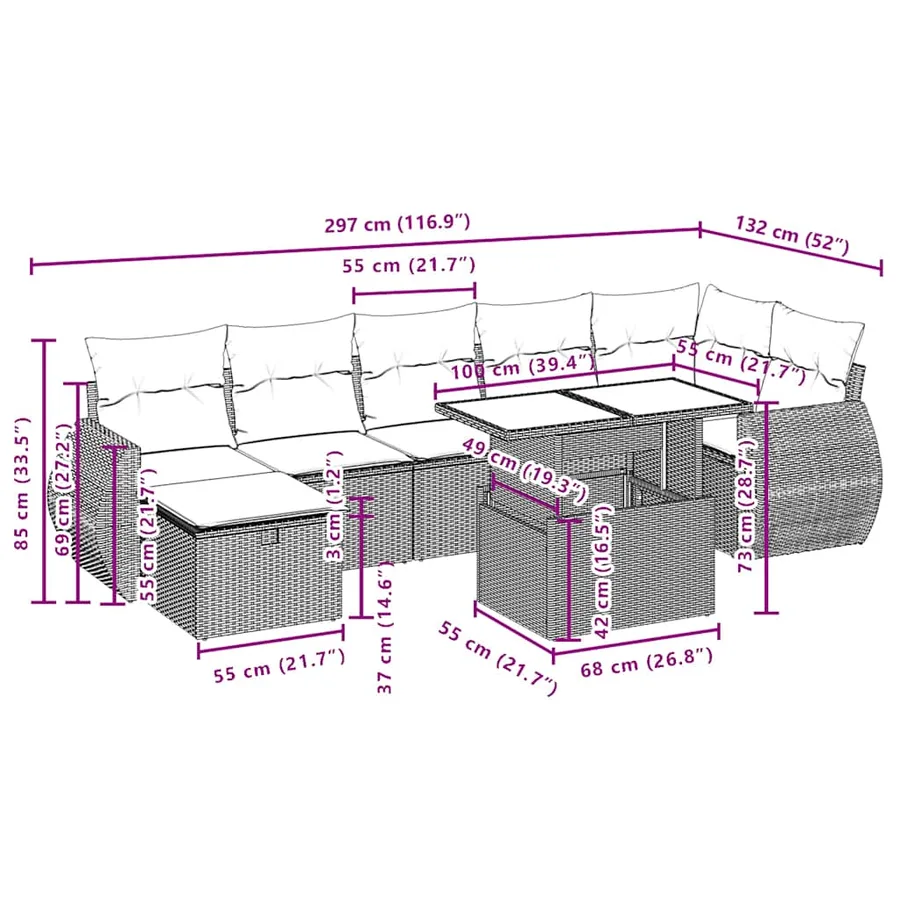 Ensemble de canapé de jardin 8 pcs avec coussins gris résine tressée - 12