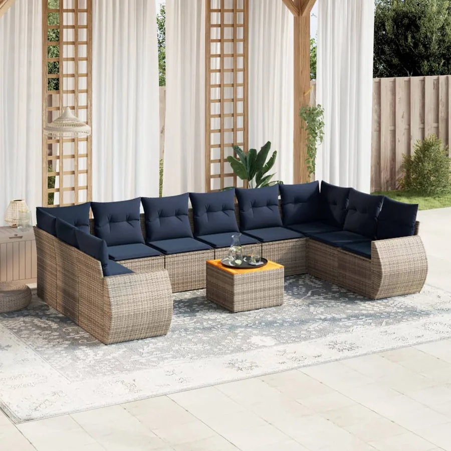 Ensemble de canapé de jardin 11 pcs avec coussins gris résine tressée