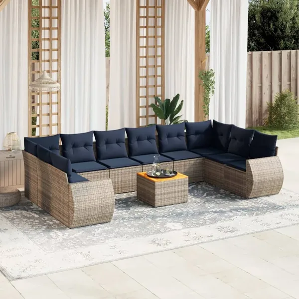 Ensemble de canapé de jardin 11 pcs avec coussins gris résine tressée