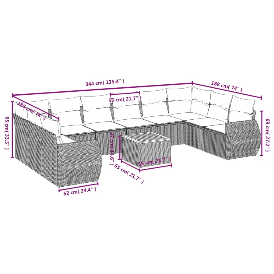 Ensemble de canapé de jardin 11 pcs avec coussins gris résine tressée - 8