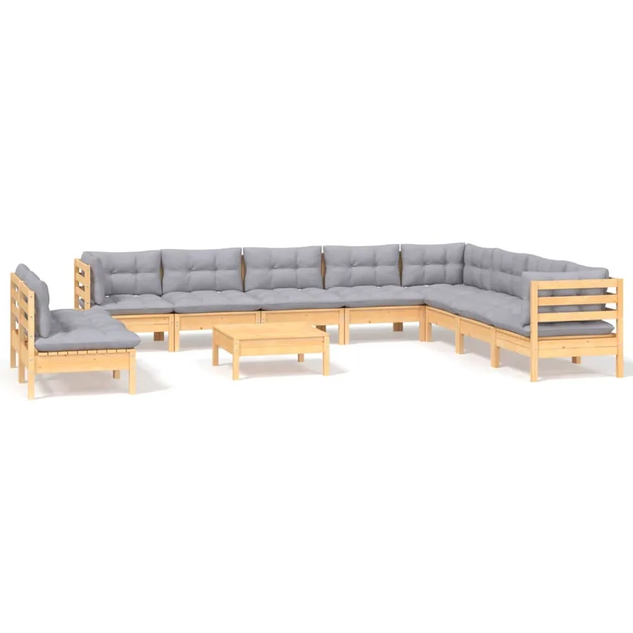 Salon de jardin 11 pcs avec coussins gris Bois de pin solide - 2