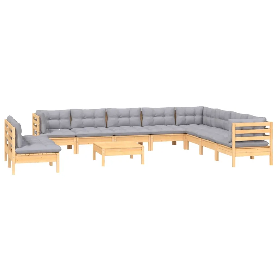 Salon de jardin 11 pcs avec coussins gris Bois de pin solide - 3