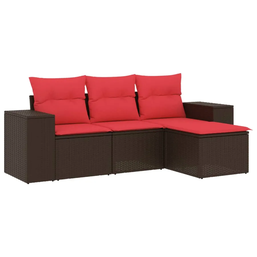 Ensemble de canapé de jardin 4 pcs avec coussins marron résine tressée - 2